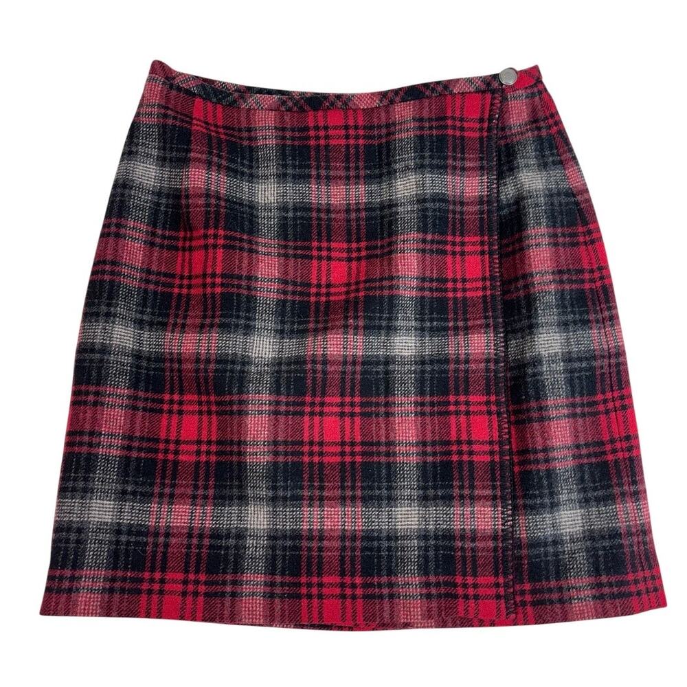 EDDIE BAUER red, black, and gray tartan plaid 100% wool wrap mini skirt size 8